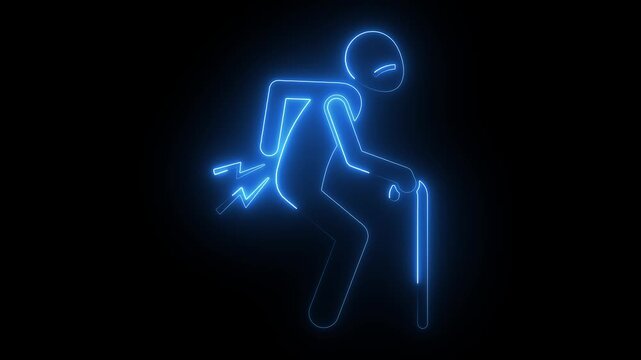 Neon stick figure animation of elderly person suffering from chronic back pain with walking cane chronic pain