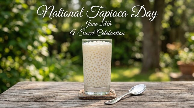 Glass of tapioca pearl drink with spoon on wooden table for national tapioca day celebration