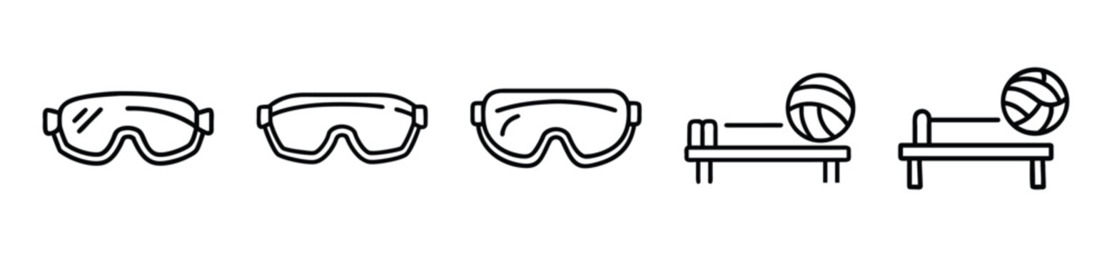 Set of protective goggles and sports equipment icons, including safety glasses and volleyball net with ball, isolated on white background