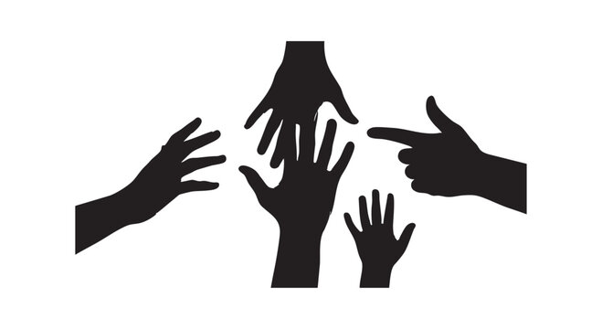 Four different hands silhouettes including pointing index finger and open palms showing teamwork concept on white.