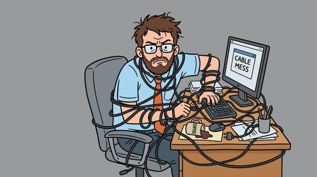 An IT worker looking overwhelmed while trying to fix a complicated network cable disaster in a vector illustration for server maintenance