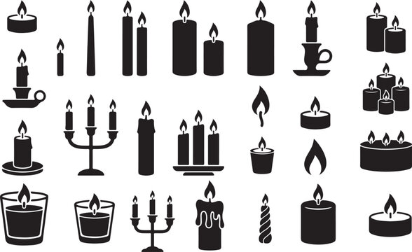 Set of burning candles. Burning candles vector illustration.