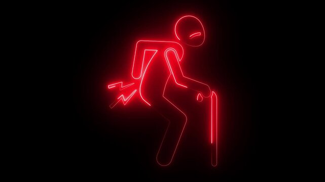 Neon glowing of elderly person with back pain and walking cane, medical concept animation senior ache
