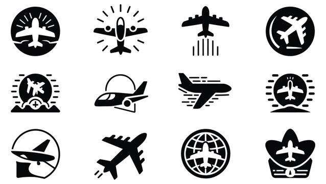 Set of 12 minimalist black and white airplane silhouettes featuring runway takeoff, landing, and flight route patterns, aviation and travel concept, vector clipart bundle for airline logos, tourism br