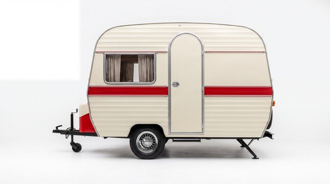 Vintage creamcolored caravan with red stripe isolated on white background