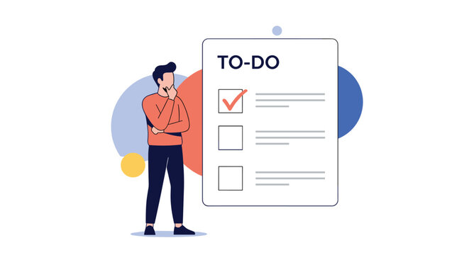 Man standing in front of a giant to-do list with one task checked off and many more to go while thinking about his daily schedule.