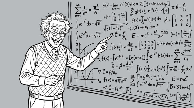 A senior professor standing by a blackboard covered in complex mathematical and physics equations explaining a scientific theory in a classroom vector illustration