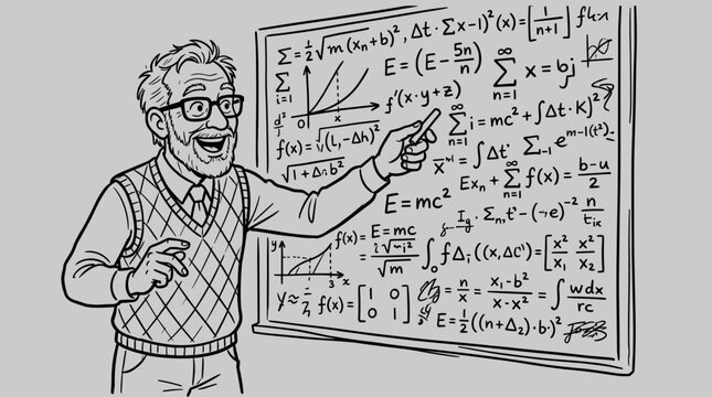 A wise elderly teacher with white hair explaining complicated scientific formulas on a large chalkboard in a classic academic setting flat vector illustration