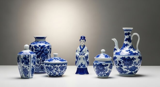 Blue and white antique ceramic collection.