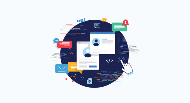 Modern web design concept featuring user interface elements, chat bubbles, and coding symbols on a dark background for technology projects.