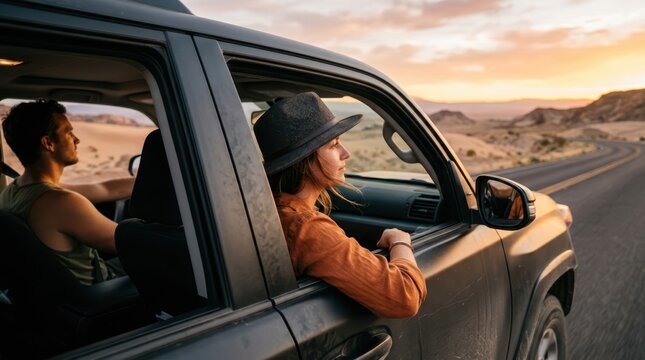 A contemplative young woman in a black hat gazing out of a car window during a desert road trip at sunset, with a male driver visible in the background.