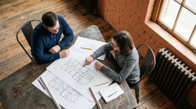 Professional man and woman in an industrial workspace closely reviewing a large architectural schematic on a dark wooden table, discussing structural changes and project details.