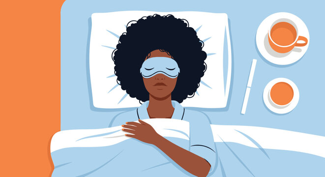 African American woman sleeping peacefully in bed wearing an eye mask with a cup of hot herbal tea on the nightstand for a wellness concept.