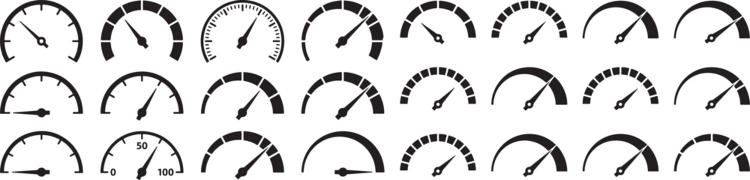 Large set of black speedometer and gauge icons with various dial scales and needles for automotive dashboard and performance monitoring.