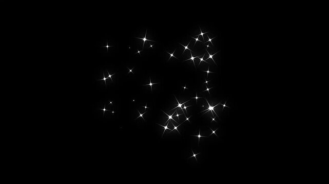 white twinkling glitter star particles animation, magic particle burst, blinking retro vector star doodles, glitter confetti trail on black screen, shining twinkle transition