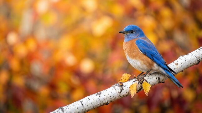 Blue bird perched on a tree branch during autumn