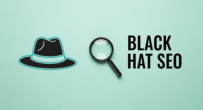 Black Hat SEO concept with fedora icon and magnifying glass, unethical search engine optimization techniques, digital marketing strategy on mint background