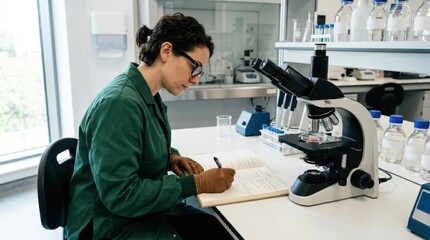 Fototapeta premium A female researcher in a green lab coat using a professional microscope and writing findings in a journal in a bright clinical laboratory.