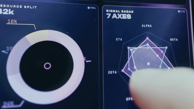 UI featuring data visualization tools, donut chart for resource shares and radar chart with 7 axes