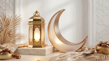 Obraz premium luxury eid al-adha composition with glowing lantern and crescent moon