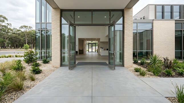 Elegant modern building entrance with large glass double doors and bright brick columns overlooking manicured garden landscape under cloudy sky showing professional architecture and clean design.