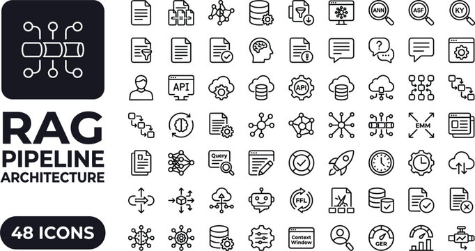 RAG pipeline architecture icon set featuring retrieval augmented generation data indexing embeddings search and modern AI outline vector symbols