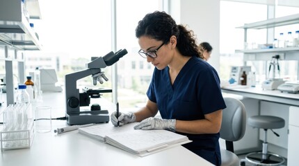Fototapeta premium Female researcher in a dark uniform and silver gloves writing results in a logbook next to a microscope in a bright clinical lab.