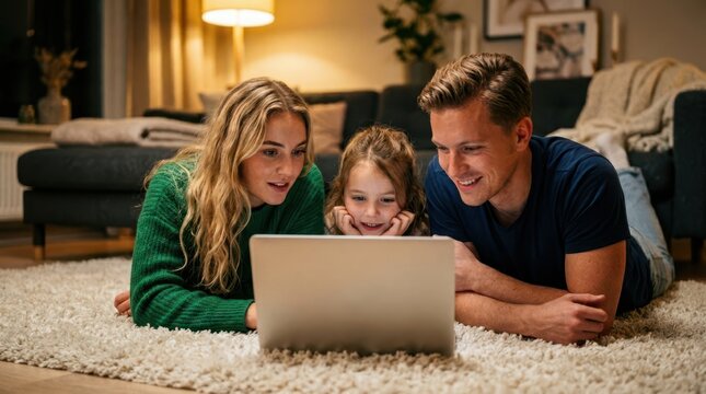 Parents and their young daughter lying on a soft grey carpet in a living room while looking at a laptop screen at night.