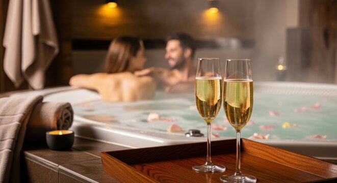 Couple relaxing in steamy hot tub with champagne glasses on wooden tray