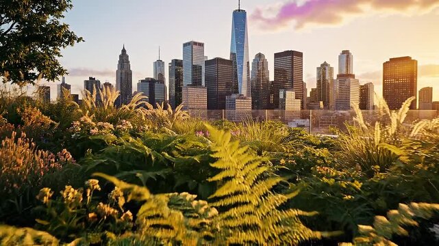 Lush green foliage and tall grasses in the foreground with a blurred cityscape of modern skyscrapers including One Trade Center in the background during golden hour sunset Keywords: cityscape