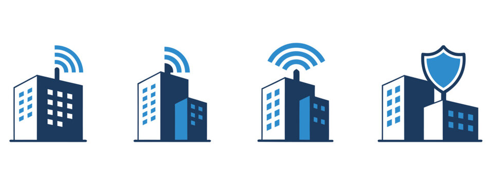 Adobe Illustrator ArtworkSmart building and connected city icon set, networked buildings and digital infrastructure symbols, IoT smart urban concept, clean vector illustration for technology dashboard