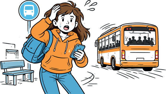 Girl Misses Bus Stop Shocked illustration