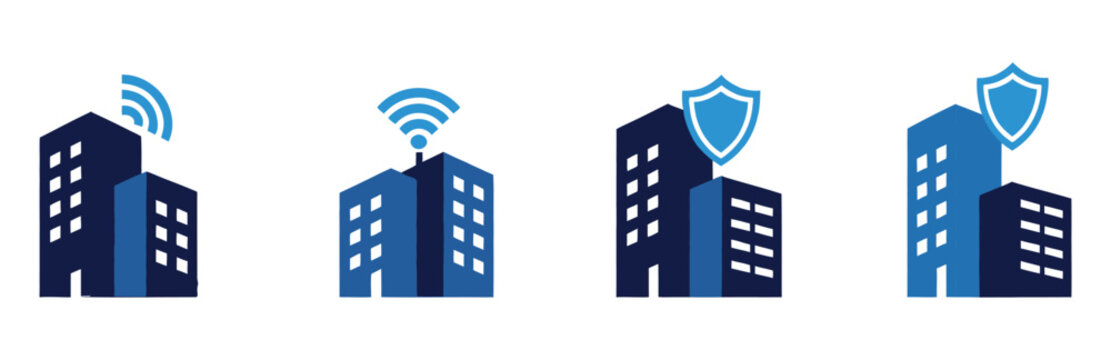 Smart building icon vector illustration, city with network concept, connected urban infrastructure symbols, IoT and digital city technology, modern flat design for smart city apps, real estate, and ur