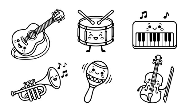 Cute musical instruments cartoon characters vector illustration set bold black and white outline for KDP coloring books and stickers of guitar drum and piano
