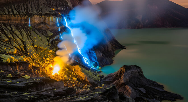 Blue fire and sulfur smoke at Kawah Ijen crater