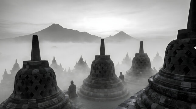 Ancient Borobudur temple stupas at misty sunrise in Indonesia