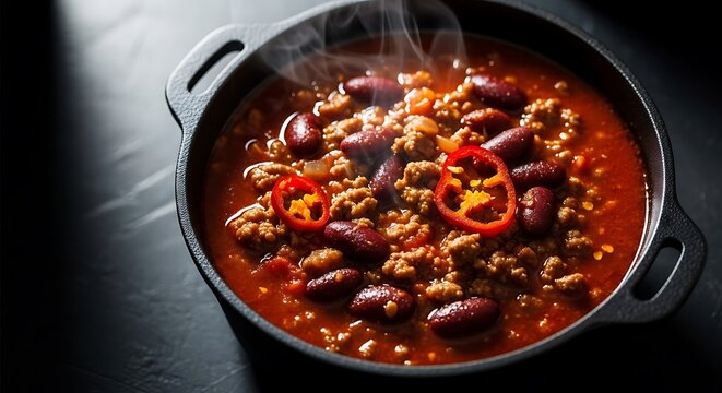 Spicy chili con carne with ground beef and red kidney beans in a hot cast iron skillet. chili cookoff