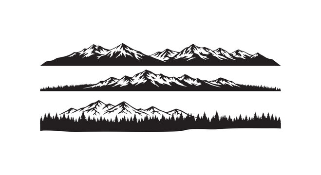 Mountain range silhouette collection for nature landscape design features set including pine trees and jagged snowy peaks.