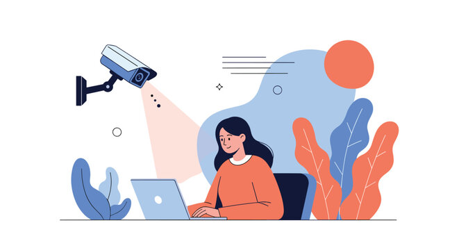 Young woman working on her laptop at a desk while being monitored by a security camera in a modern office illustration.