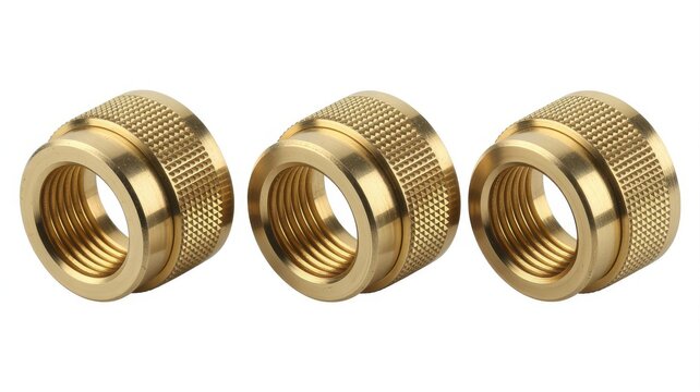 Three brass knurled thumb nuts with internal threads isolated on white background