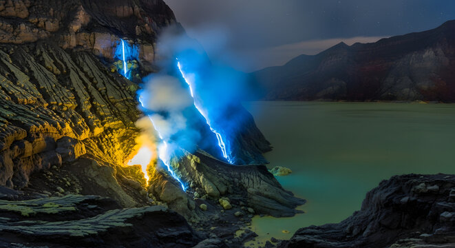 Blue fire burning on Kawah Ijen volcano at night