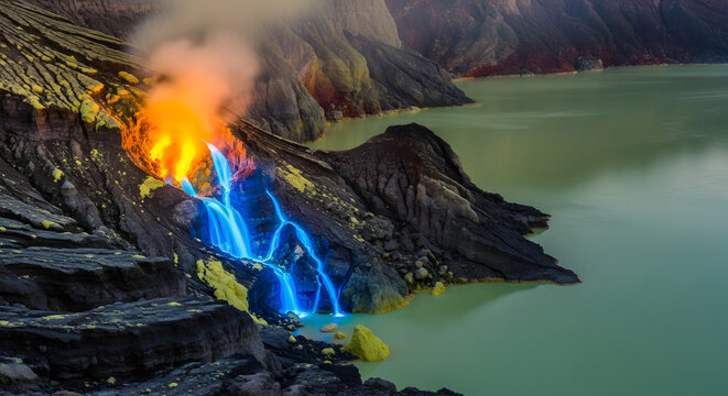 Blue fire volcanic eruption at Kawah Ijen crater lake