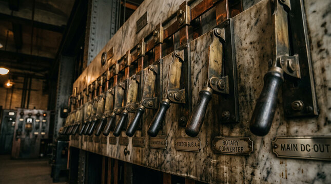 Vintage industrial control panel with multiple switches and levers in a factory setting environment