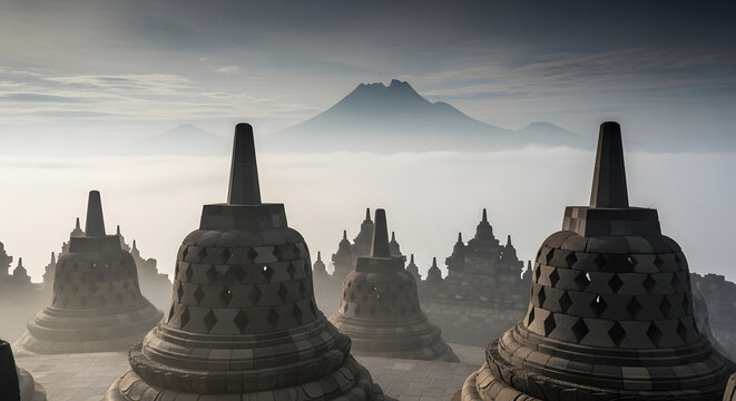 Borobudur Temple stupas at sunrise with volcano in mist