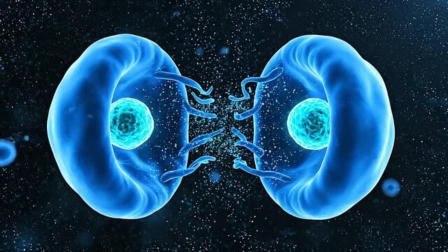 Abstract 3D rendering of two blue, amoeba-like biological cells or molecules in the process of dividing or interacting with a bright light burst in the center Keywords: abstract, biology, science