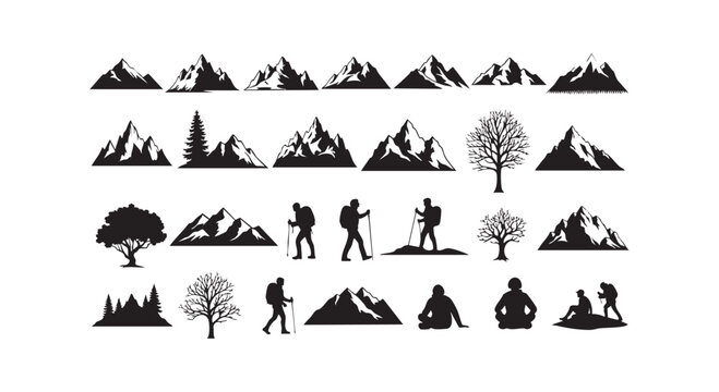 Outdoor adventure set with mountain peaks trees hikers and zen meditation silhouettes for badge logo design elements.
