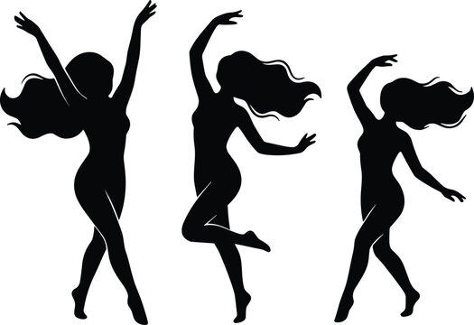 Vector silhouettes set of graceful women dancing with long hair in expressive poses for contemporary dance performance artistic expression and performing arts concepts