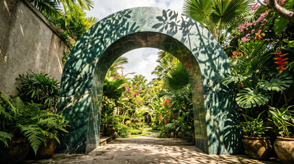 Fototapeta premium Elegant green marble archway standing as an inviting entrance to a lush tropical garden paradise