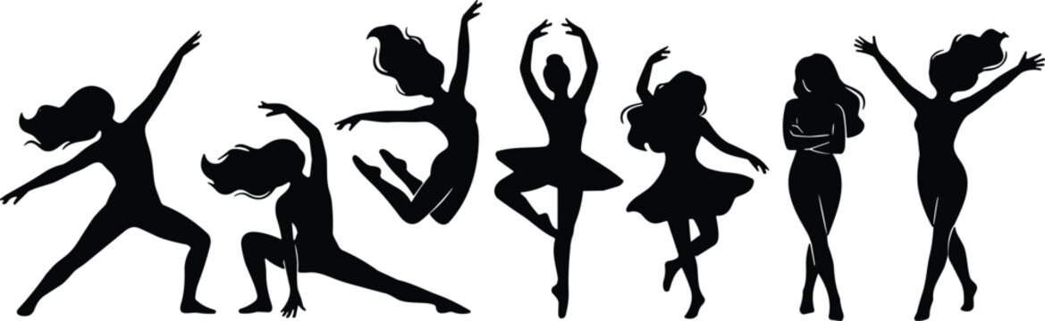 Vector silhouettes set of graceful women performing various dance styles including ballet contemporary and yoga poses for artistic expression fitness workout and performing arts concepts
