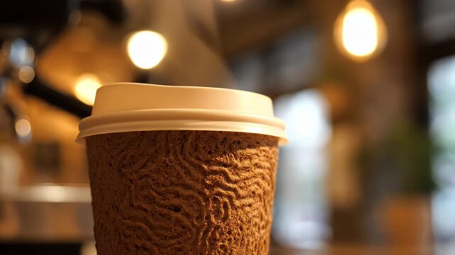 A Close-Up of a Warm Brown Paper Coffee Cup with Lid Against Soft Amber Bistro Lights